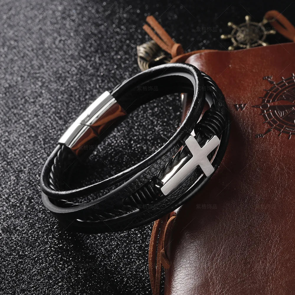 PULSEIRA MASCULINA COURO TRANÇADO + CRUZ