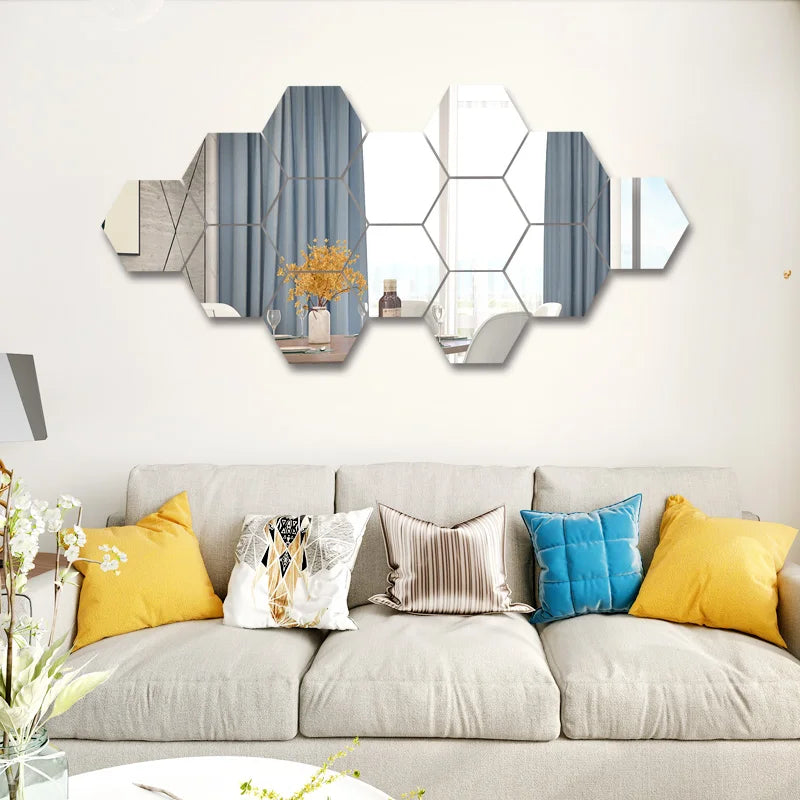 Mirror Wall Sticker Hexagon Geometric 12 Pcs