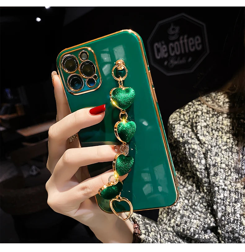 Luxury Plating Heart Metal Bracelet Phone Chain Case for iPhone