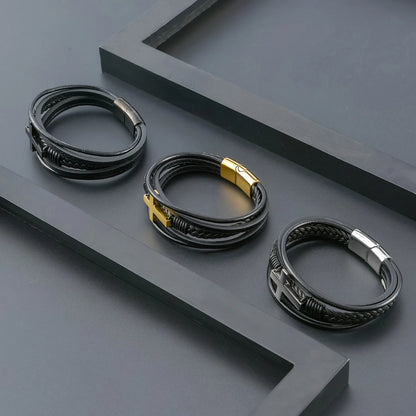 PULSEIRA MASCULINA COURO TRANÇADO + CRUZ