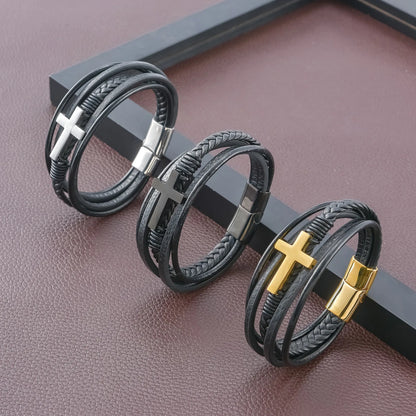 PULSEIRA MASCULINA COURO TRANÇADO + CRUZ
