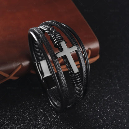 PULSEIRA MASCULINA COURO TRANÇADO + CRUZ