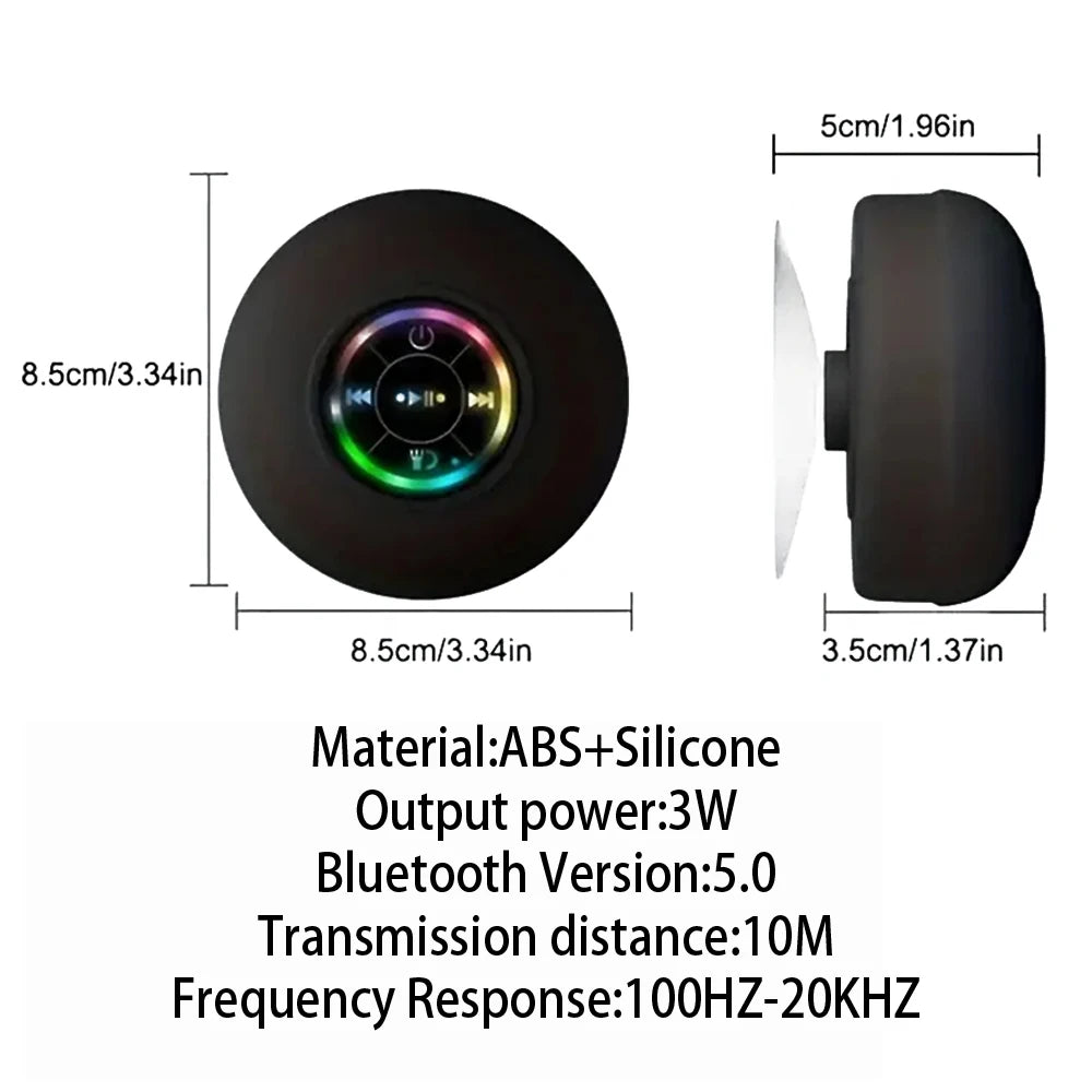 Waterproof Bluetooth Shower Speaker – LED Light  -  Strong Suction Cup  -  Stereo Sound