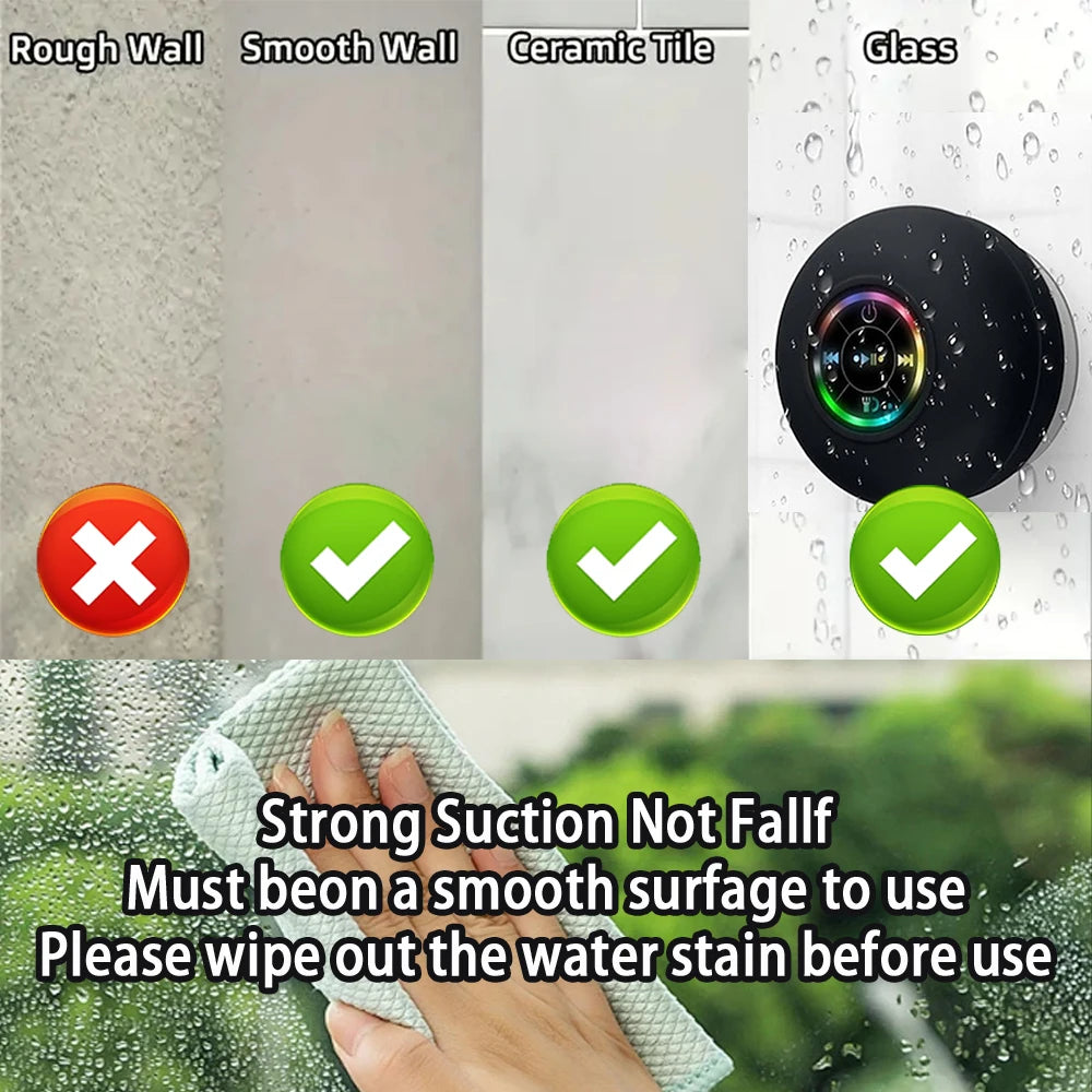 Waterproof Bluetooth Shower Speaker – LED Light  -  Strong Suction Cup  -  Stereo Sound