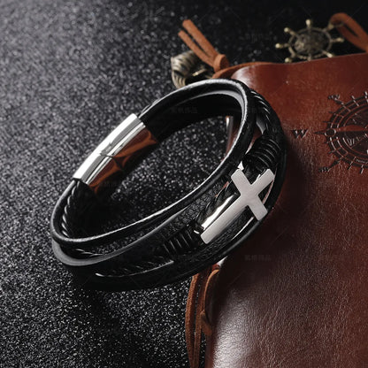 PULSEIRA MASCULINA COURO TRANÇADO + CRUZ
